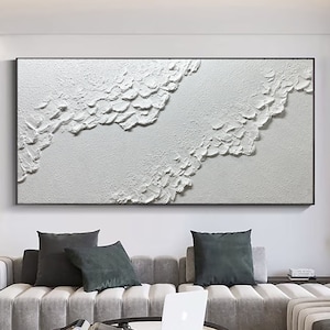 White 3D Minimalist Beach Painting Textured Wall Art Ocean Wave Painting on Canvas Wabi-Sabi Wall Art Living Room Painting Fashion Decor
