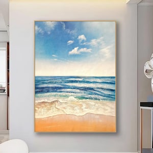 キャンバスに描かれたオリジナルの青い海の絵画 テクスチャードウォールアート ファッションウォールデコレーション リビングルームウォールアート カスタムキャンバスウォールアート パーソナライズギフト