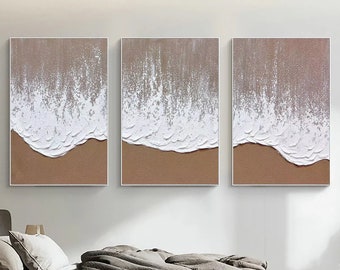 Textured Ocean Wave Painting Triptych, Minimalist Wabi-Sabi Canvas Art