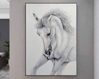 走る白い馬の大きな油絵：動物の壁アート - Etsy 日本