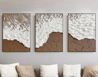 Textured Ocean Wave Painting Triptych, Minimalist 3D Wall Art