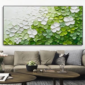 Abstract Green White Flower Textured Wall Art Blooming Floral Painting On Canvas Gift For Her Living Room Wall Art Neutural Wall Art