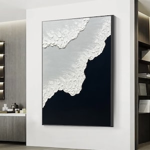 3D White Minimalist Beach Painting Textured Wall Art Ocean Wave Painting on Canvas Wabi-Sabi Wall Art Living Room Painting Fashion Decor