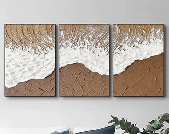 Textured Ocean Wave Triptych Painting, Minimalist Earth Tone Canvas Art