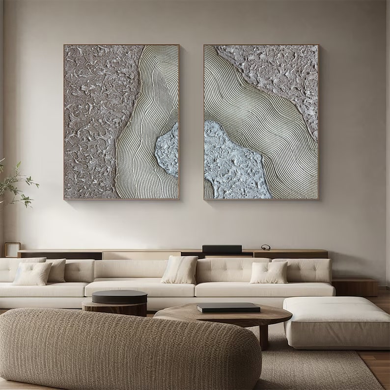 Large Beige Abstract Painting Set, 3D Textured Ocean Waves Wall Art - Etsy