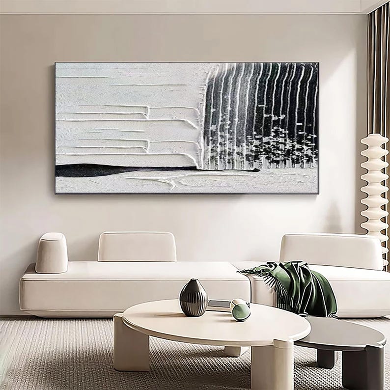 Large 3D Texture Painting, Black and White Minimalist Mural Art - Etsy