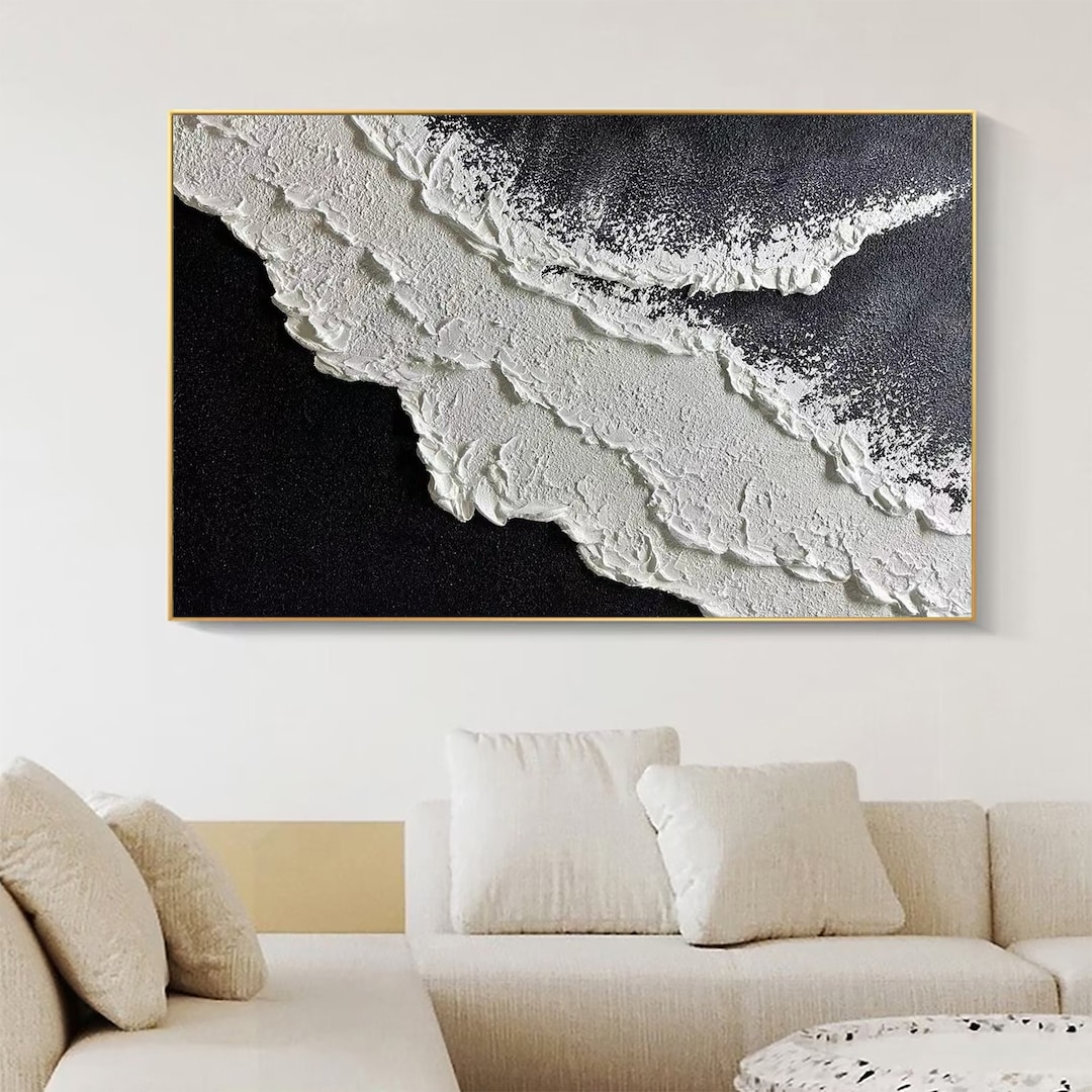 3D Black White Minimalist Beach Painting Textured Wall Art Ocean Wave ...