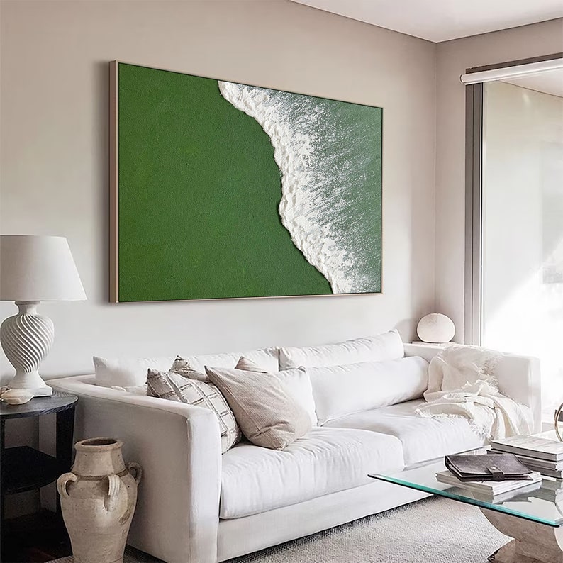 3D Green Minimalist Textured Wall Art Beach Painting Ocean Wave ...