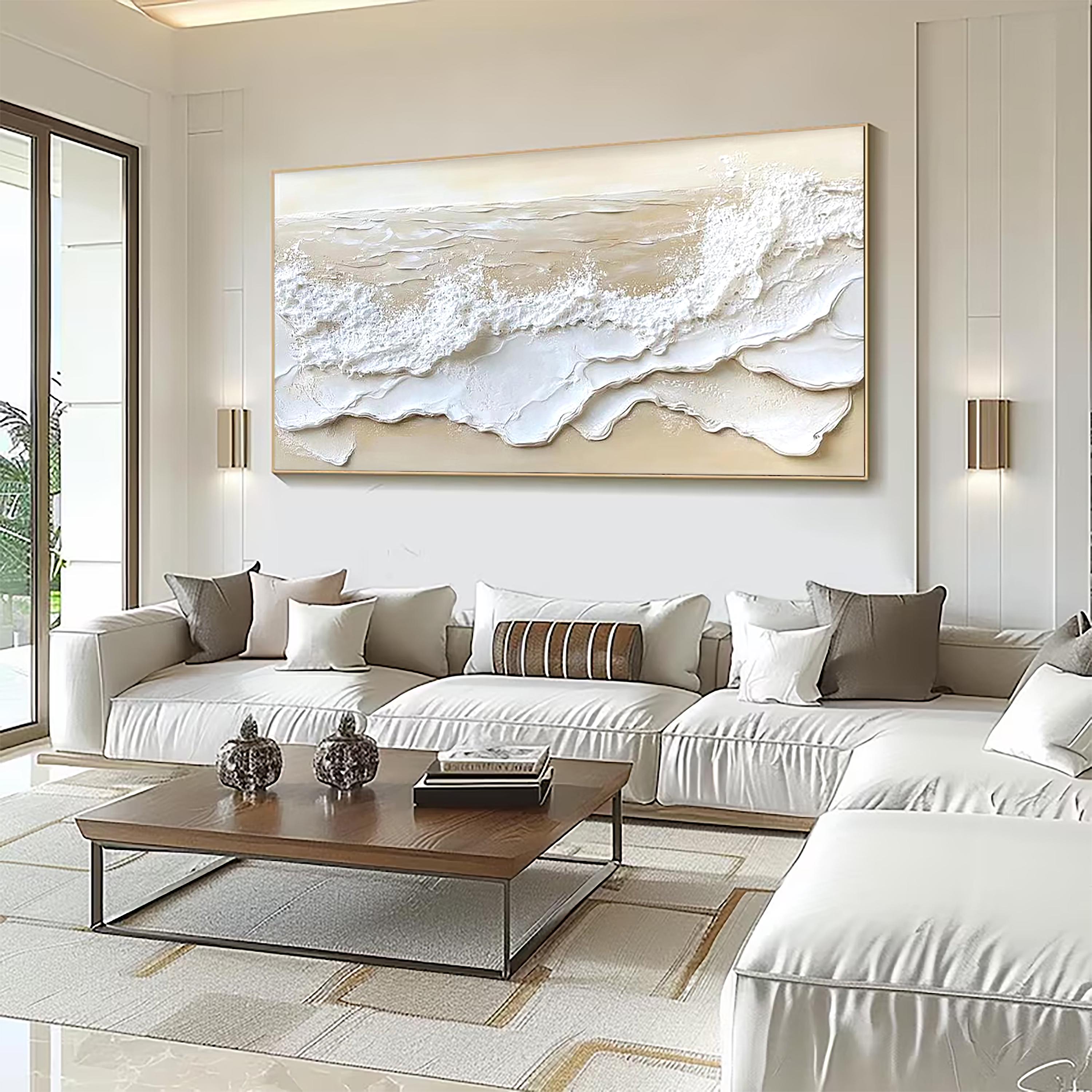 Original 3D Textured Ocean Wall Art Original Plaster Style Beach Painting on Canvas White Wave Decor Unique Wabi-sabi Living Room Wall Art