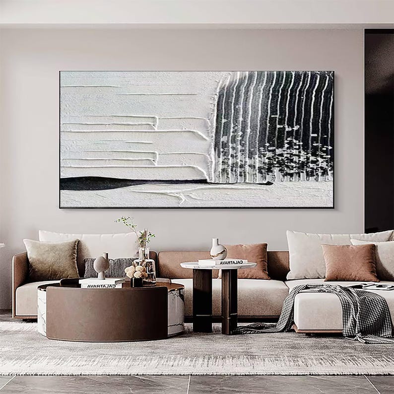 Large 3D Texture Painting, Black and White Minimalist Mural Art - Etsy