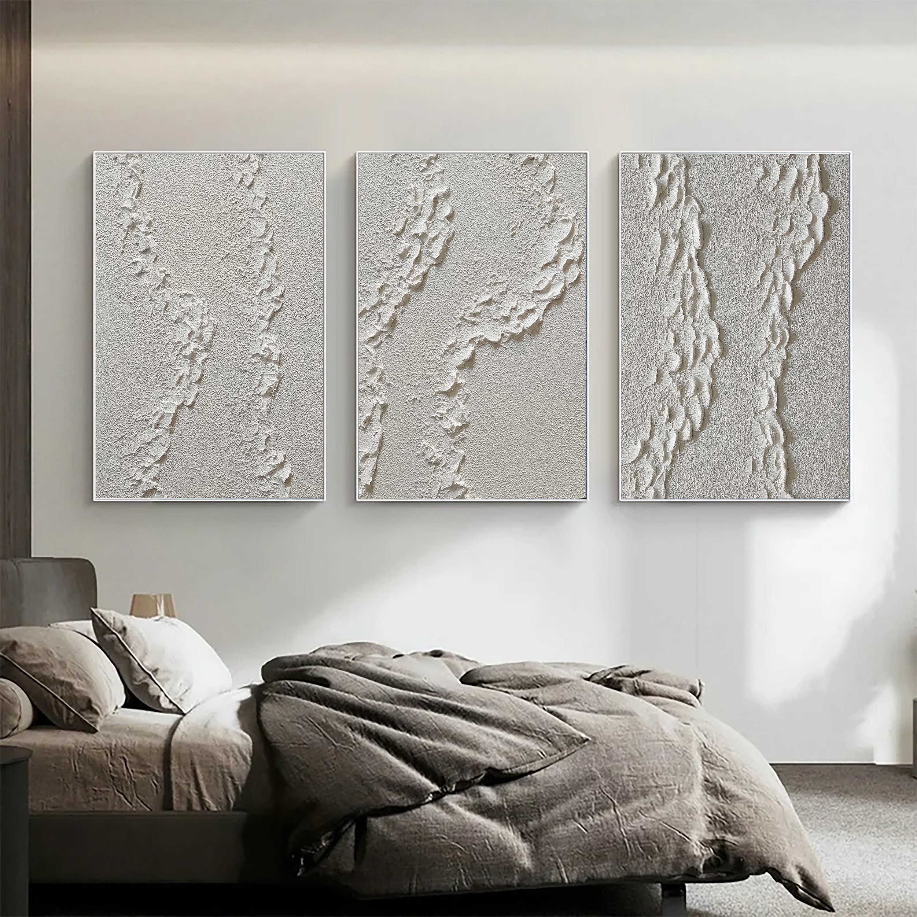 View of Original 3D White Minimalist Textured Wall Art Triptych Ocean Wave ...