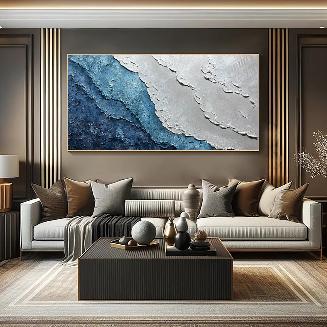 3D Blue Minimalist Ocean Painting on Canvas Earth Tone Waves Art ...