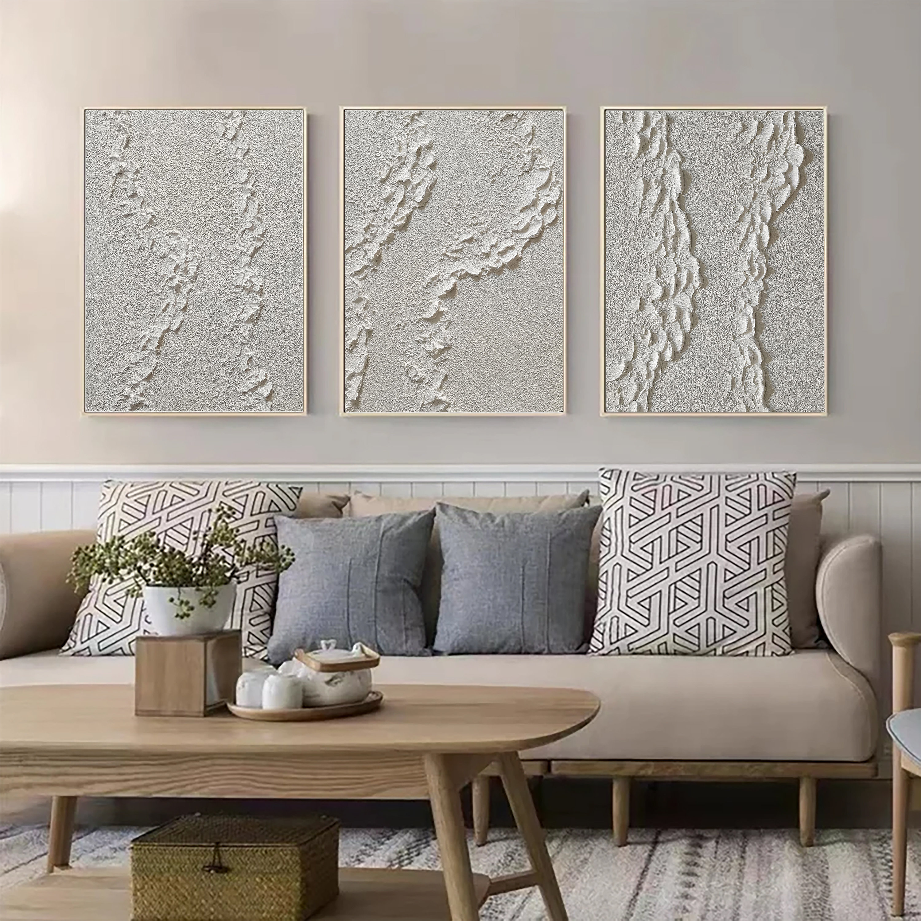 Curated visual reference: Fresh Look at Original 3D White Minimalist Textured Wall Art Triptych Ocean Wave