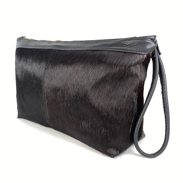 Oversize Clutch in Black Hair On Cowhide Leather Mob Wife Aesthetic