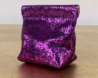Leather Squeeze Coin Pouch in Metallic Magenta Pink AirPods Case