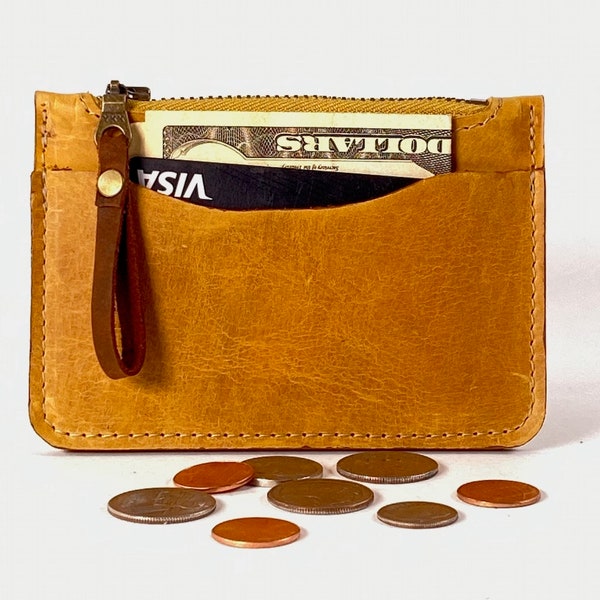 Leather Zip Coin & Card Wallet in Yellow