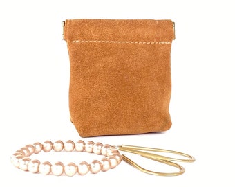 Tan Suede Leather Squeeze Pouch for Coins and AirPods Case and more!