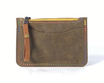 Leather Zip Coin & Card Wallet in Moss Green