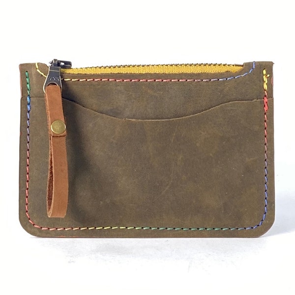 Leather Zip Coin & Card Wallet in Moss Green