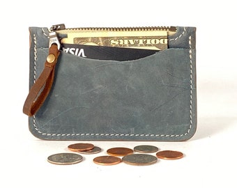 Leather Zip Coin & Card Wallet in Denim Blue