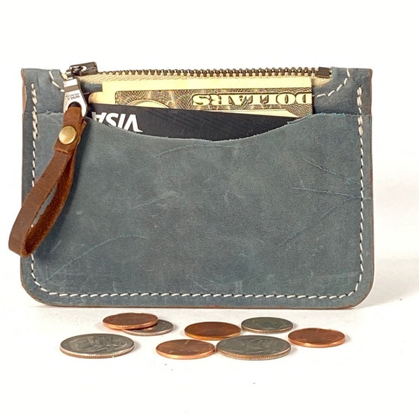 Leather Zip Coin & Card Wallet in Denim Blue