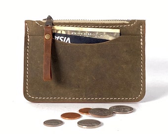 Leather Zip Coin & Card Wallet in Moss Green with White Thread detail