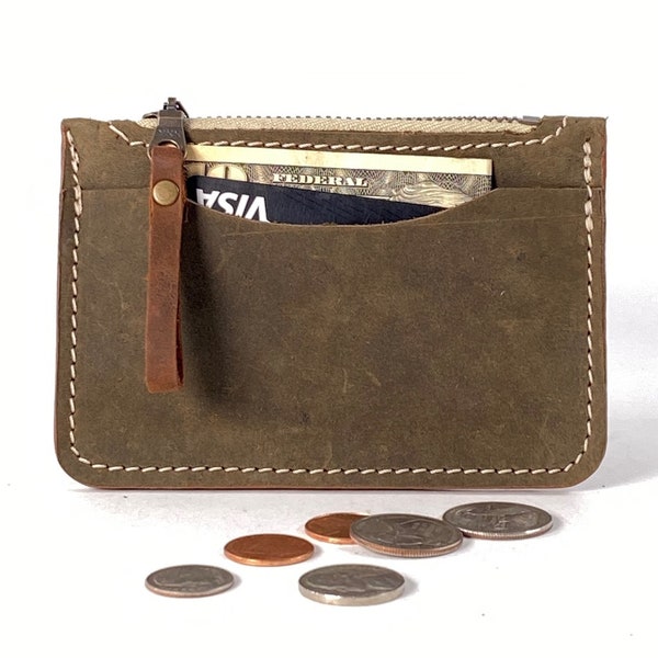 Leather Zip Coin & Card Wallet in Moss Green with White Thread detail