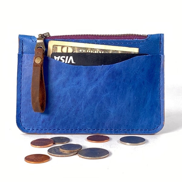 Leather Zip Coin & Card Wallet in Blue