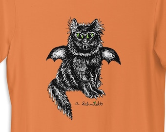 Bat Cat Halloween Black Cat Goth Spooky Cute Original Drawing Unisex t-shirt