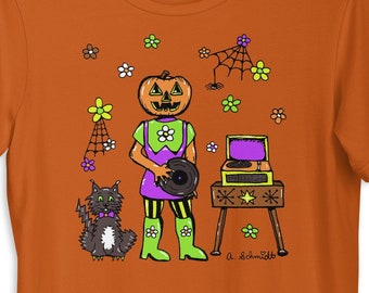 Halloween Retro Vintage Inspired Groovy Flower Power Jack o' Lantern Pumpkin Autumn Record Player Black Cat Spooky Cute Unisex T-shirt