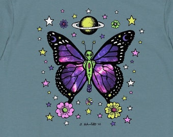 Alien Butterfly Outer Space Galaxy Saturn Floral Whimsigoth Cottagecore Original Art Unisex Premium Heavyweight Tee