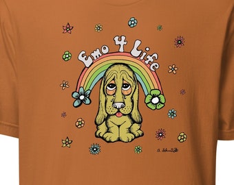 Emo For Life Sad Basset Hound Floral Rainbow Vintage Inspired Original Art Unisex T-shirt