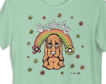Crybaby Sad Basset Hound Dog Rainbow Floral Emo Vintage Inspired Original Art Unisex t-shirt