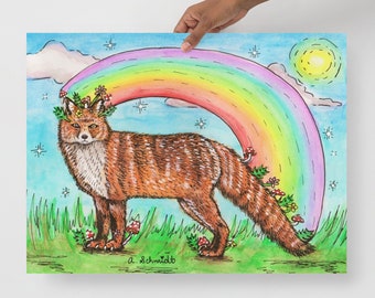 Rainbow Fungi Fox Whimsical Cottagecore Watercolor Art Print Poster