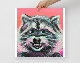 Raccoon Painting Spunky Neon Colorful Impressionist Punk Trash Panda Cute Pink Original Art Poster