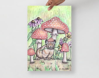 Pika Mouse and Amanita Muscaria Mushrooms Cottagecore Surreal Original Watercolor Art Print Poster