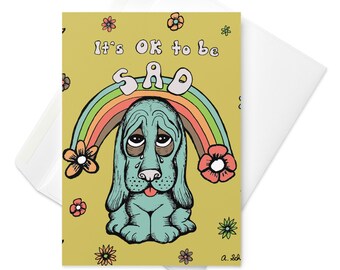 It's OK To Be Sad Basset Hound Flower Power Retro Inspired Groovy Rainbow Emo Sympathy Break Up Blank Inside Greeting Card