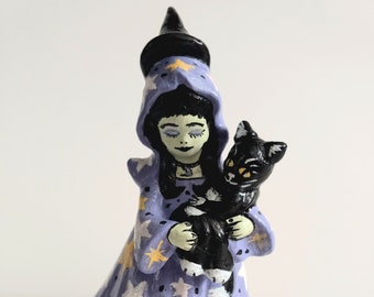 Little Witch and Black Cat Whimsigoth Spooky Cute Stars and Moon Upcycled Virgin Mary and Jesus Cosmic Celestial Sculpture Art Figurine