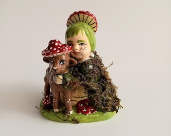 Ceramic Cottagecore Amanita Mushroom Kid and Fawn Deer Forest Mossy Cute Upcycled Ceramic Sculpture Art Figurine