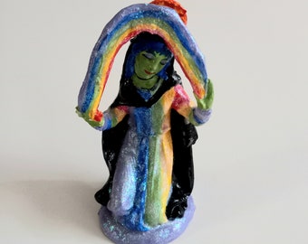 Rainbow Alien Cosmic Virgin Mother Mary Glitter Sparkly Whimsigoth Upcycled Hand Painted Sculpture Art Figurine
