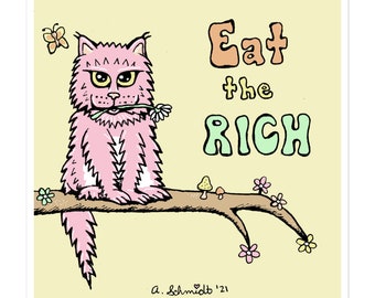 Eat the Rich Pink Kitty Cat Tree Mushrooms Butterfly Flowers Cottagecore Pastel Anti Capitalist Original Art Sticker