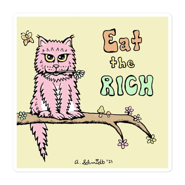 Eat the Rich Pink Kitty Cat Tree Mushrooms Butterfly Flowers Cottagecore Pastel Anti Capitalist Original Art Sticker