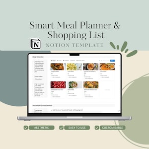 Pode incluir: Um laptop exibe um modelo Notion "Smart Meal Planner & Shopping List". A tela mostra opções de refeições com imagens. O texto inclui "Aesthetic", "Easy to Use" e "Customisable".