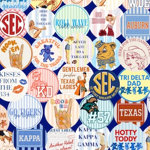 May include: A collage of circular designs with various college-themed graphics and text. Designs include a bear, a tiger, a cheerleader, and the text "SEC" and "Texas". The background is a dark blue with a diamond pattern.