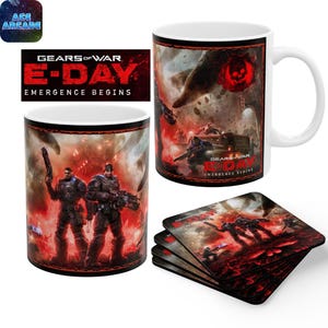 May include: A white ceramic mug and a stack of square coasters featuring the Gears of War E-Day Emergence Begins graphic. The design displays two armoured soldiers in a red-toned battlefield scene with the game title text clearly visible.