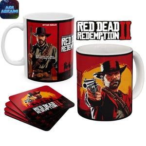 Pode incluir: Duas canecas de cerâmica branca e uma pilha de quatro porta-copos quadrados com gráficos de Red Dead Redemption II. As canecas exibem Arthur Morgan com um revólver, o logótipo do jogo e o texto We are thieves in a world that don't want us no more.