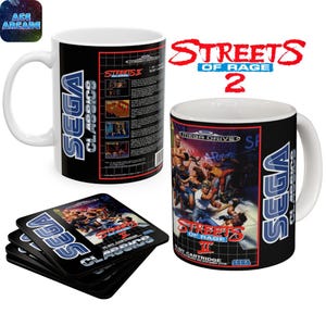 May include: Two white ceramic mugs and a stack of square coasters featuring Streets of Rage 2 video game artwork. The mugs display the Sega Classics logo, game box art, and descriptive text. The coasters feature the same game cover graphic.