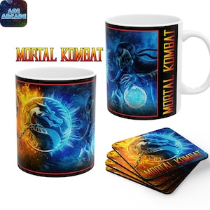 May include: Two white ceramic mugs and a stack of four square coasters featuring Mortal Kombat graphics. The designs display a blue and orange dragon emblem, a character in a blue energy field, and the text Mortal Kombat in yellow and red.