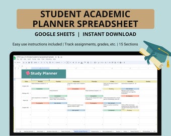 Planificador académico integral para estudiantes en hojas de cálculo de Google, seguimiento de tareas y tareas pendientes, planificador de estudios, cronograma de clases