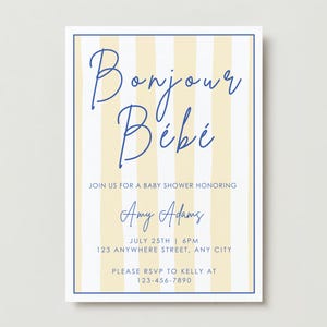 Bonjour Bebe Baby Shower Invitation, Editable Canva Template, Editable Digital Download